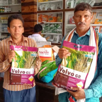 Two farmers holding agricultural goods bag in a shop.